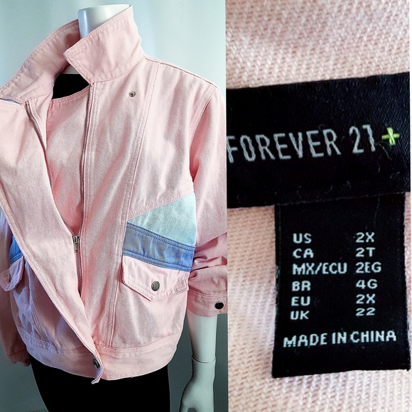 Forever 2+🎀Retro Pink Colorblock Big Pocket Denim Jacket - Picture 7 of 10